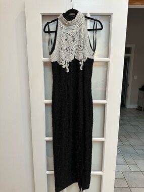 Vintage Silky Nites Silk 80’s Formal Beaded Halter Evening Gown Dress Size M